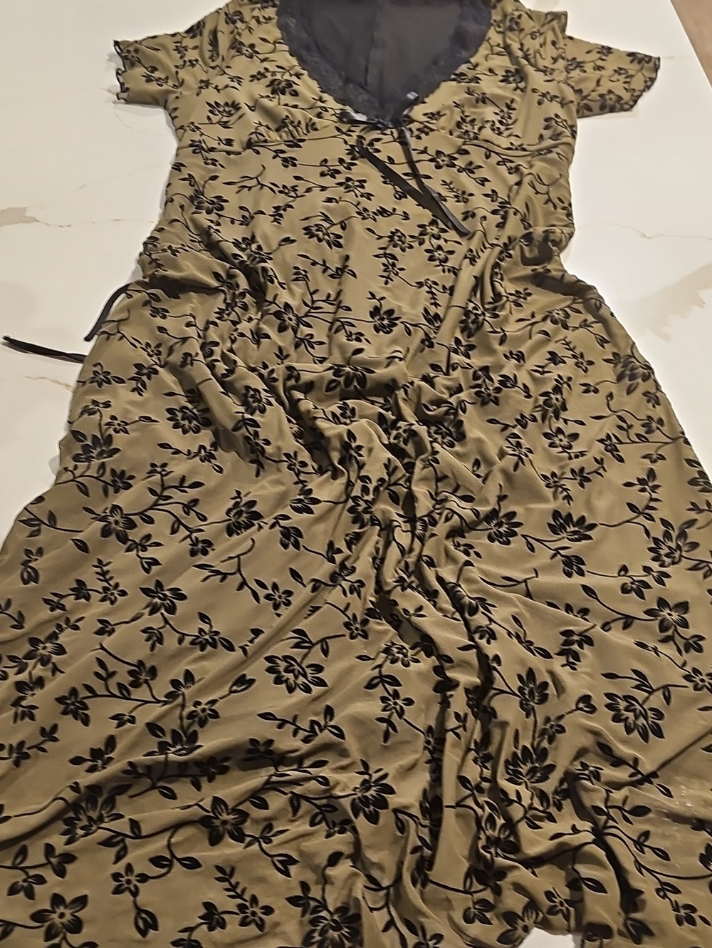 Women’s Olive Green Floral Embroidered Dress with Black Accents